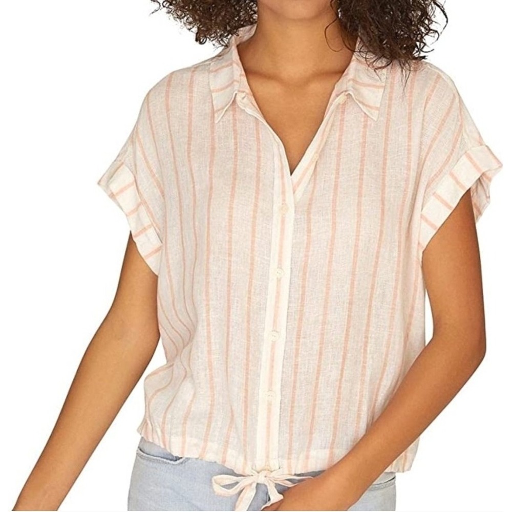 Sanctuary Drawstring Tie-Front Top Striped Button Down Short Sleeve Linen L